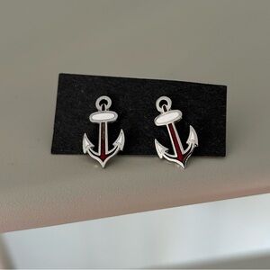 Vintage Nautical Anchor Enamel Earrings Red and Silver Accents Retro